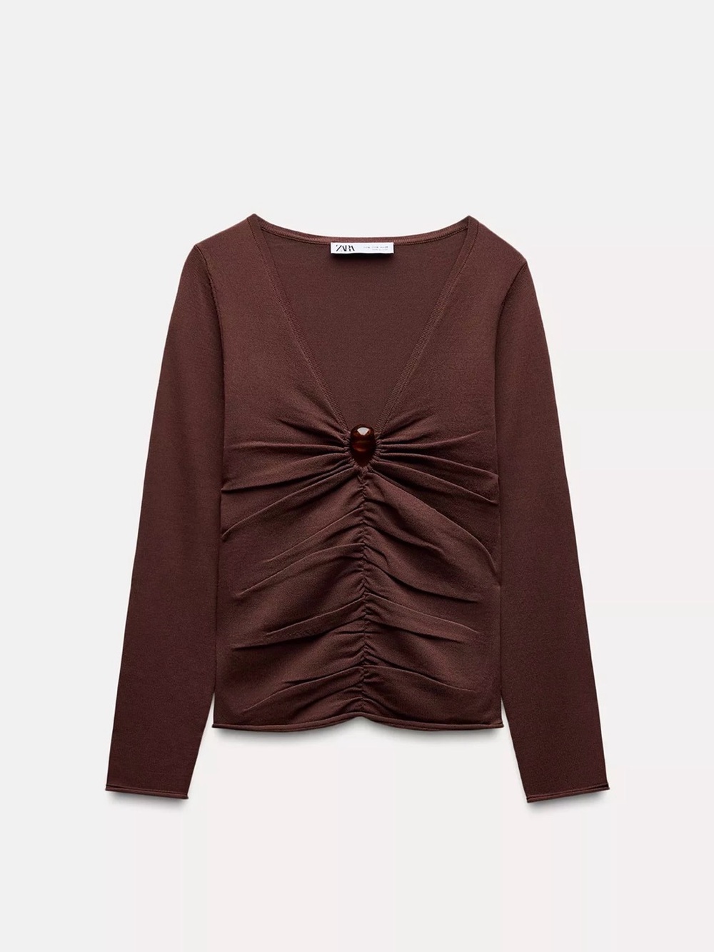 Zara Chocolate Brown Ruched V-Neck Long Sleeve Top